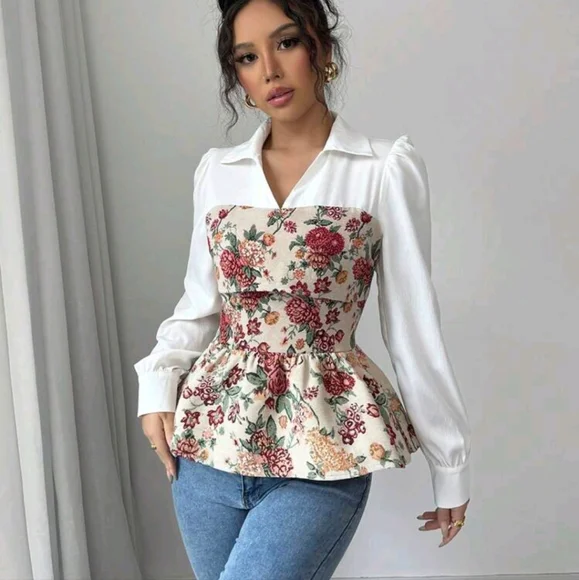 Women's Retro Floral Patchwork Long Sleeve Blouse, Elegant Style Suitable for Au - Picture 3 of 4